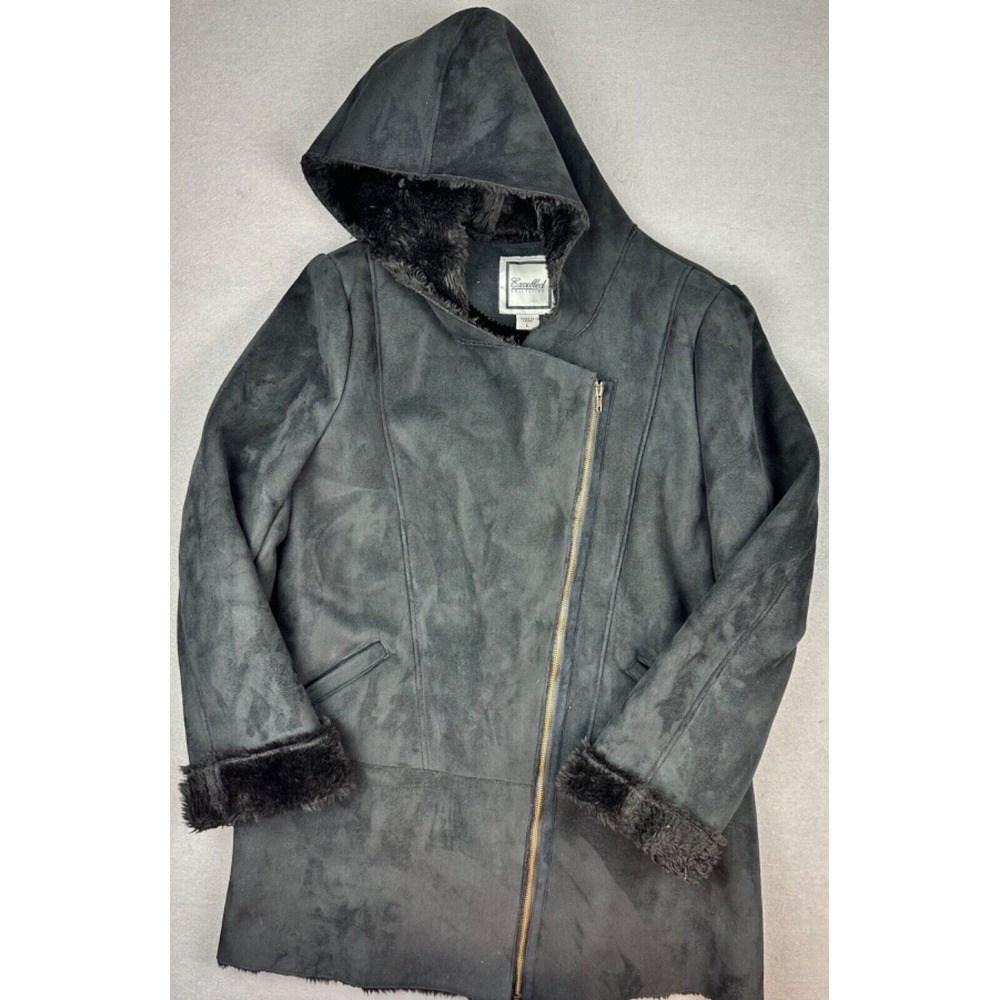 Excelled Collection Women's Large‎ Suede Black Coat with Hood and Faux Fur